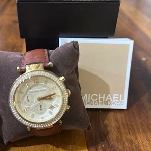 Michael kors gold with jewels and brown leather band